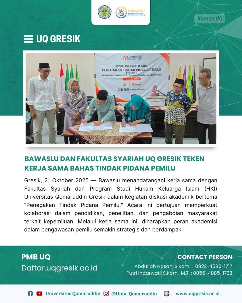 BAWASLU DAN FAKULTAS SYARIAH UQ GRESIK TEKEN KERJA SAMA BAHAS TINDAK PIDANA PEMILU
